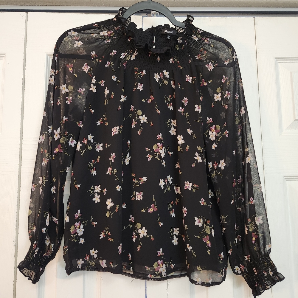 Madewell Black Floral Lightweight Lined Long Sleeve Blouse Button Detail Size XS